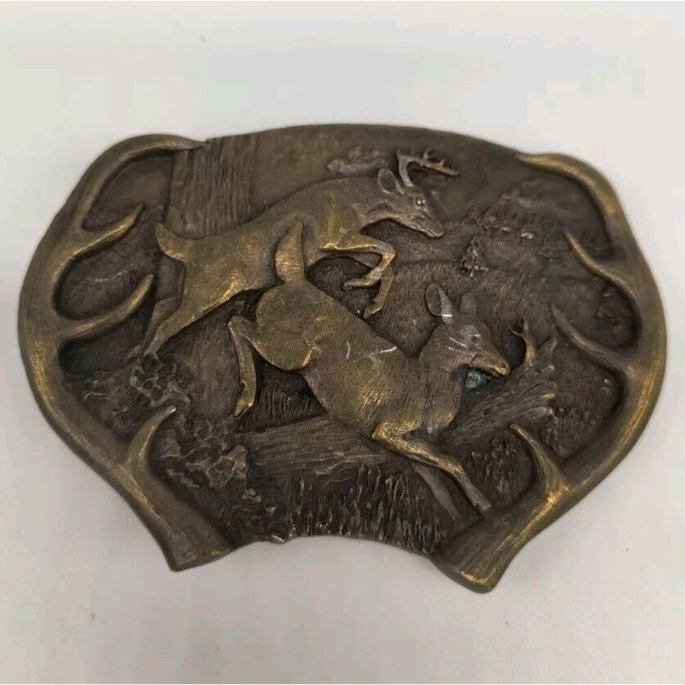 Vintage 1977 Bergamont Brass Works Belt Buckle Jumping Deer White Tail Antlers